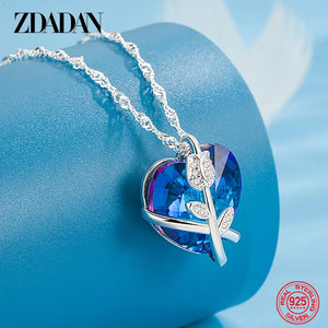925 Silver Rose Flowers Heart Crystal Necklace For Women