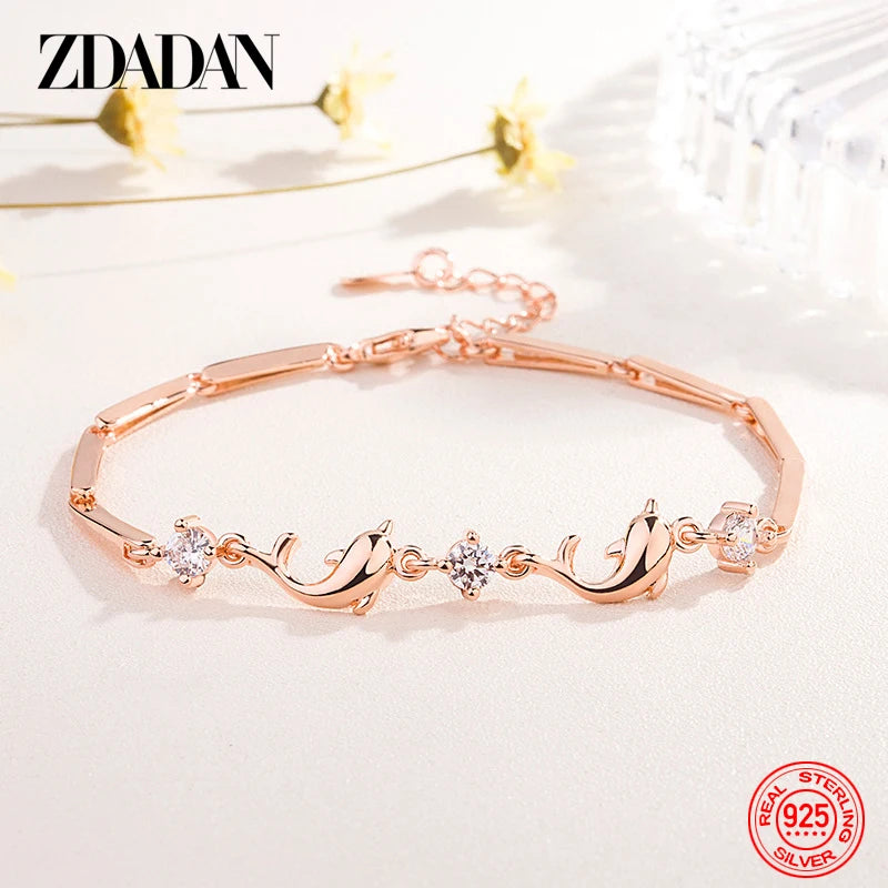 925 Silver Rose Dolphin Zircon Bracelet Wedding Jewelry