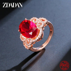 925 Silver Rose Red Gemstone Ring Wedding Jewelry Women Gift