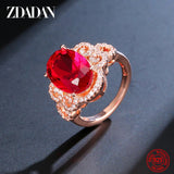 925 Silver Rose Red Gemstone Ring Wedding Jewelry Women Gift