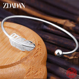925 Sterling Silver Feather Charm Bracelet - Adjustable Bangle for Women
