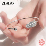 925 Sterling Silver Feather Charm Bracelet - Adjustable Bangle for Women