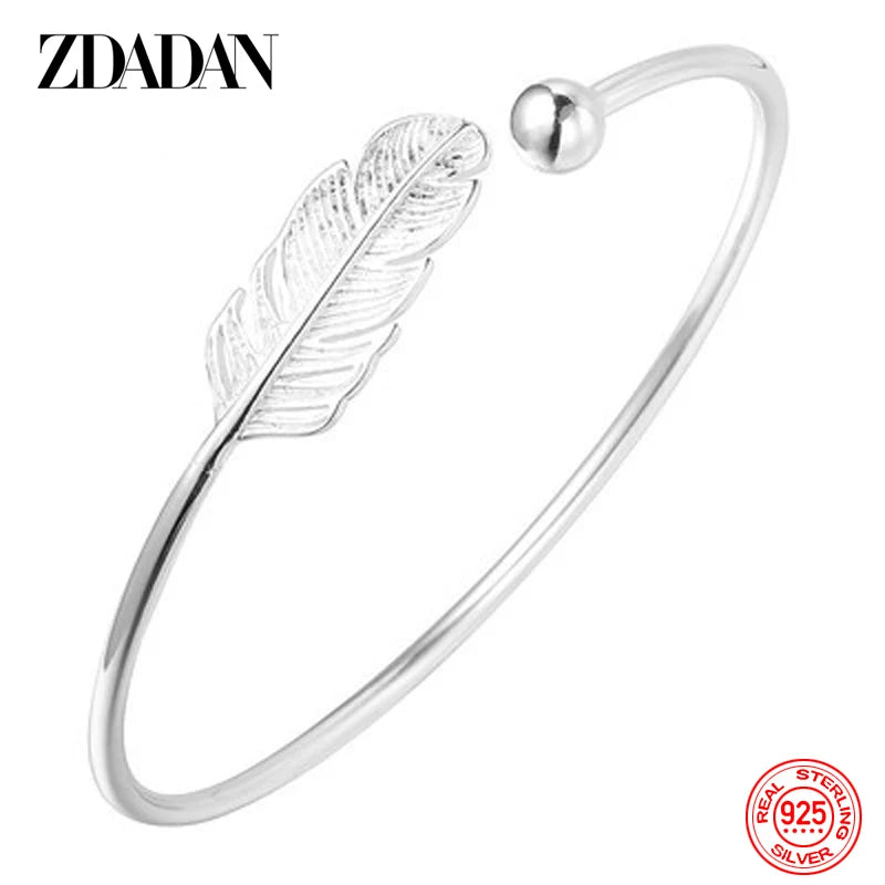 925 Sterling Silver Feather Charm Bracelet - Adjustable Bangle for Women