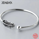 925 Sterling Silver Feather Charm Bracelet - Adjustable Bangle for Women