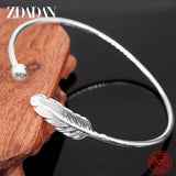 925 Sterling Silver Feather Charm Bracelet - Adjustable Bangle for Women