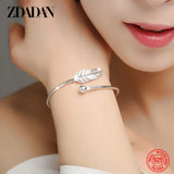 925 Sterling Silver Feather Charm Bracelet - Adjustable Bangle for Women