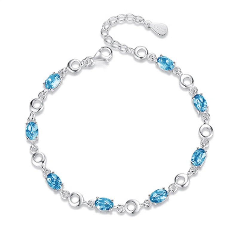 925 Silver Sapphire Charm Bracelet Chain Women Jewelry