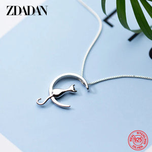 925 Silver Clavicle Cat Moon Necklace Women Chain Jewelry Gift