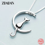 925 Silver Clavicle Cat Moon Necklace Women Chain Jewelry Gift