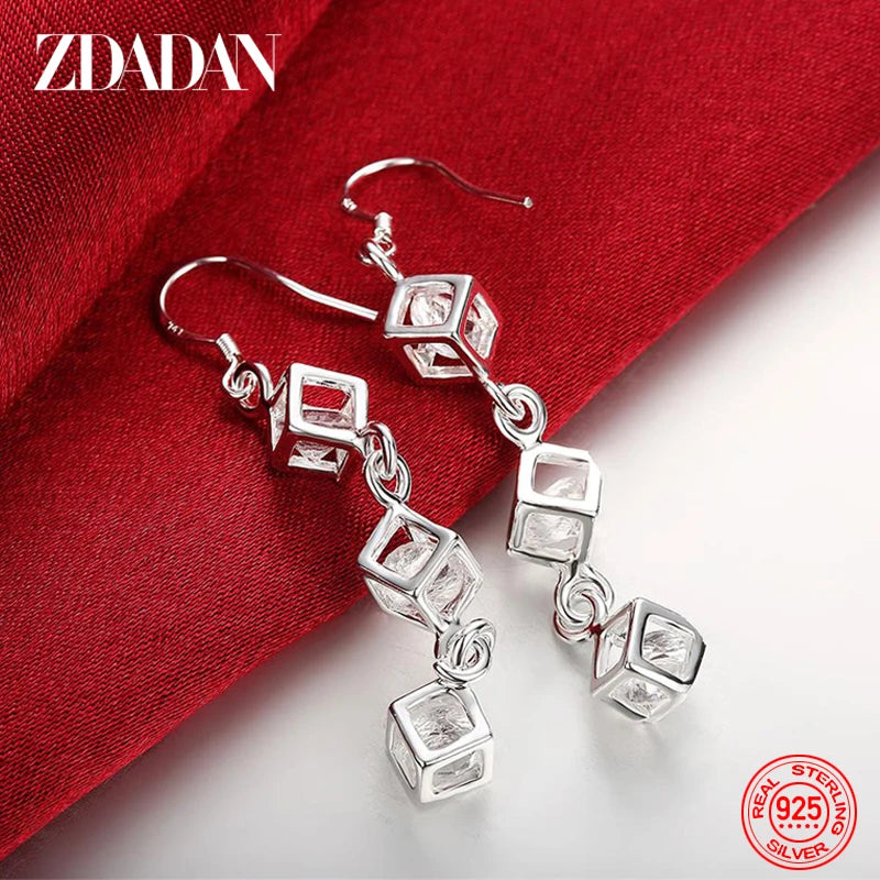 925 Silver Crystal Long Drop Earrings Women Engagement Party Jewelry