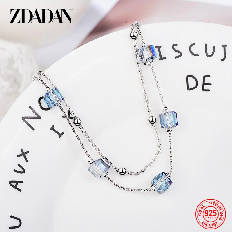 925 Silver Square Rainbow Crystal Bracelet Wedding Jewelry