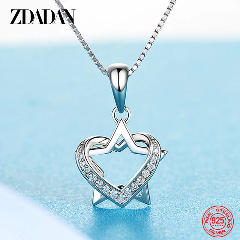 925 Silver Star Heart Zircon Necklace Women Engagement Jewelry