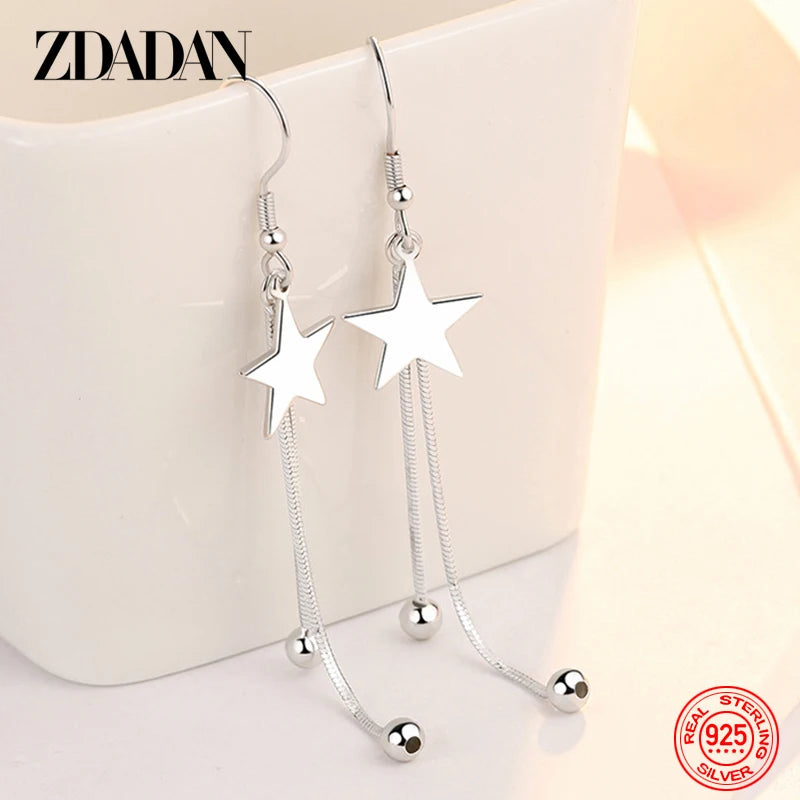 925 Silver Star Tassel Drop Earrings Women Jewelry