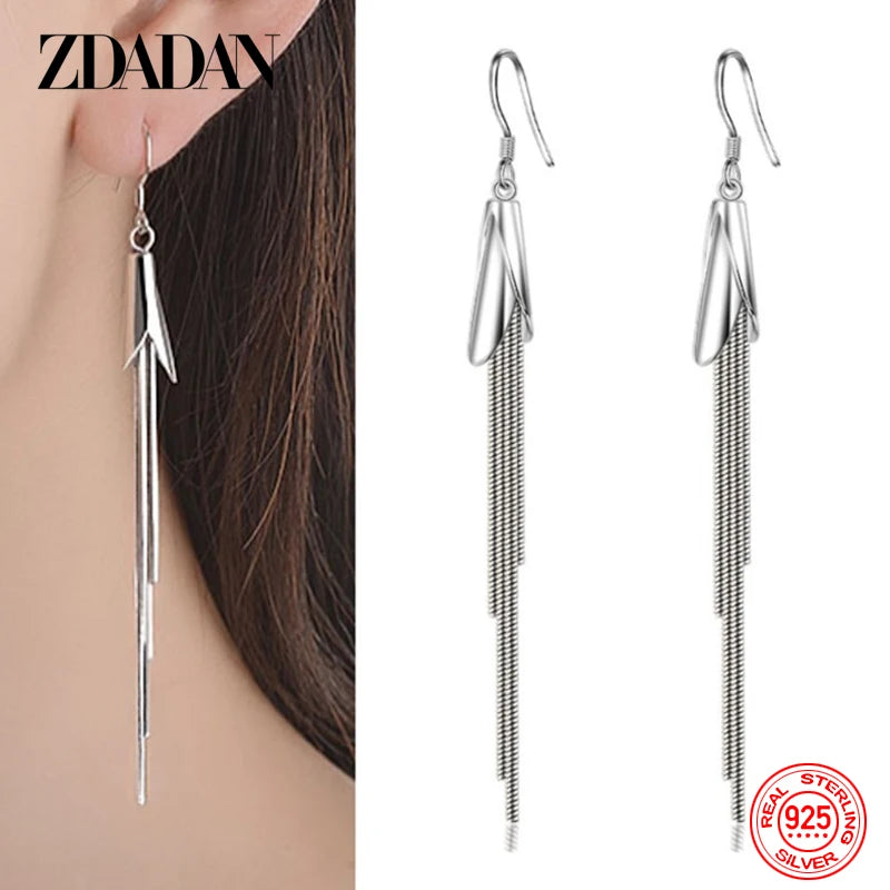925 Silver Tassel Long Drop Earrings Wedding Jewelry