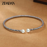 925 Silver Twisted Double Pearl Cuff Bracelet for Women