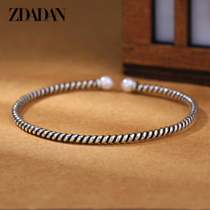 925 Silver Twisted Double Pearl Cuff Bracelet for Women