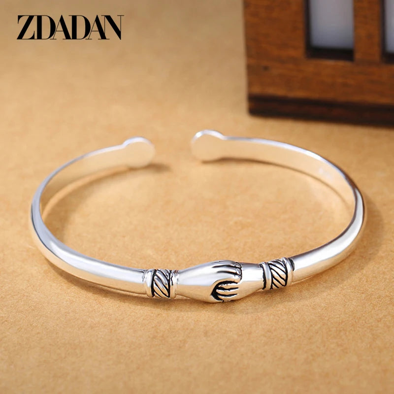 925 Silver Vintage Handshake Bracelet&Bangle For Women Jewelry