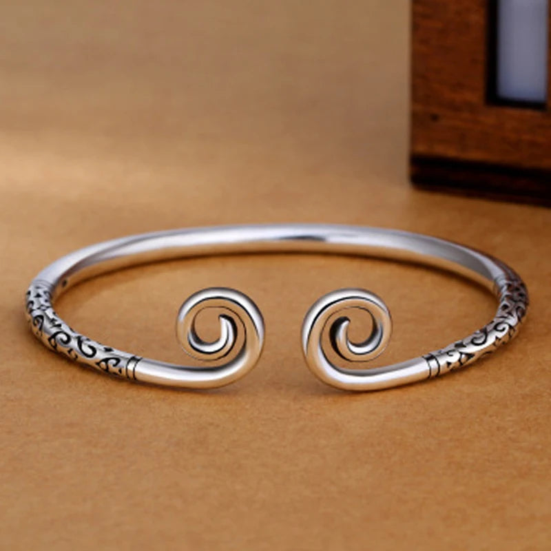 925 Silver Vintage Open Cuff Bracelet Bangle For Women Men