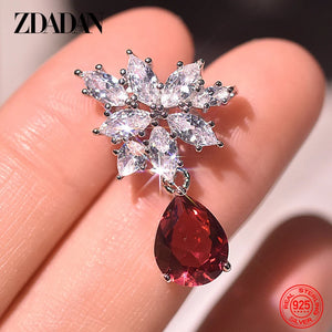 925 Silver Red Crystal Water Drop Earrings Pendant Charm Jewelry