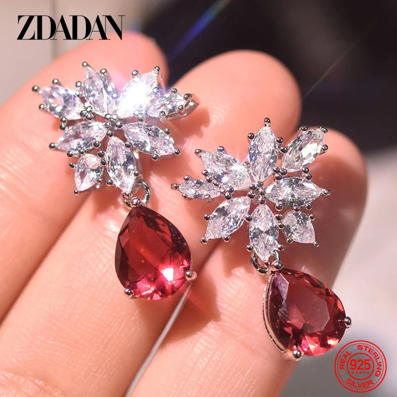 925 Silver Red Crystal Water Drop Earrings Pendant Charm Jewelry
