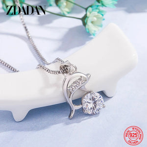 925 Silver Zircon Dolphin Necklace Women Sweet Jewelry Gift