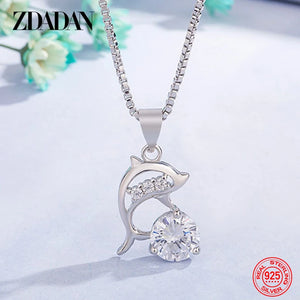 925 Silver Zircon Dolphin Necklace Women Sweet Jewelry Gift
