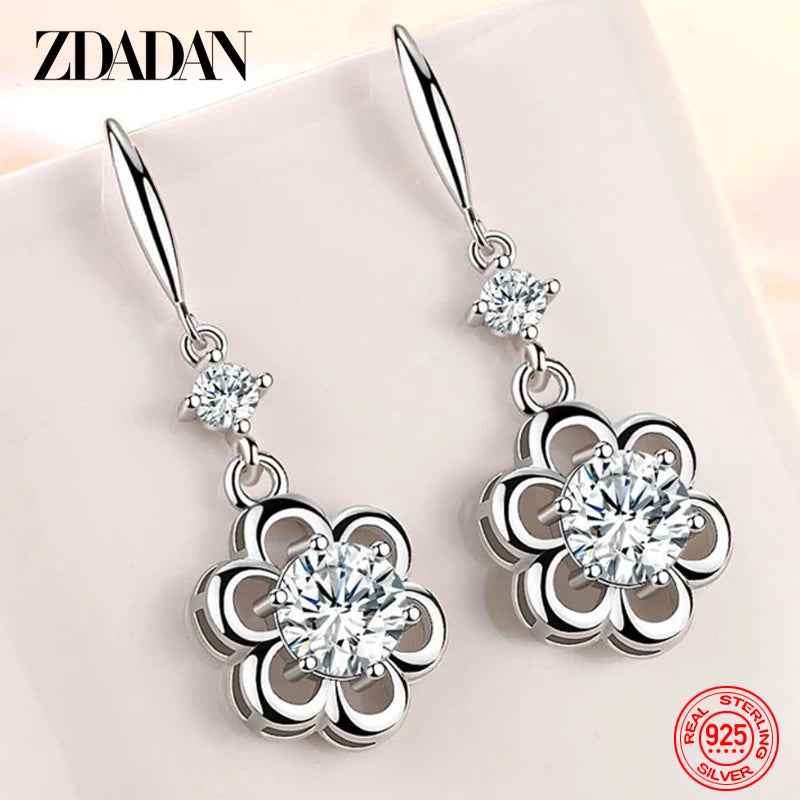 925 Silver Zircon Petal Dangle Earrings Women Party Jewelry