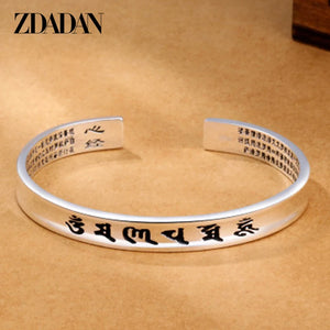 925 Silver Heart Sutra Letter Bracelet Cuff for Women