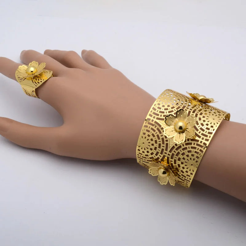 Dubai Flower Bangle With Ring Set - Bridal Wedding Ethiopian Jewelry
