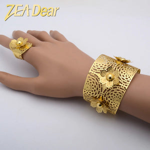 Dubai Flower Bangle With Ring Set - Bridal Wedding Ethiopian Jewelry