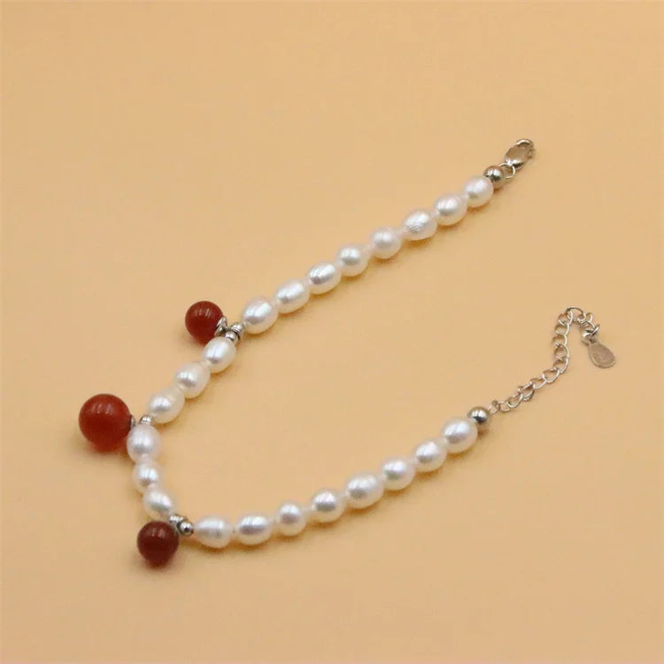 ZFSILVER 925 Silver Freshwater Pearl Agate Bracelet Gift Jewelry Women