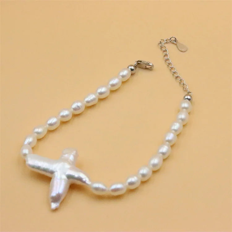 925 Sterling Silver Freshwater Baroque Cross Pearl Bracelet Gift for Women