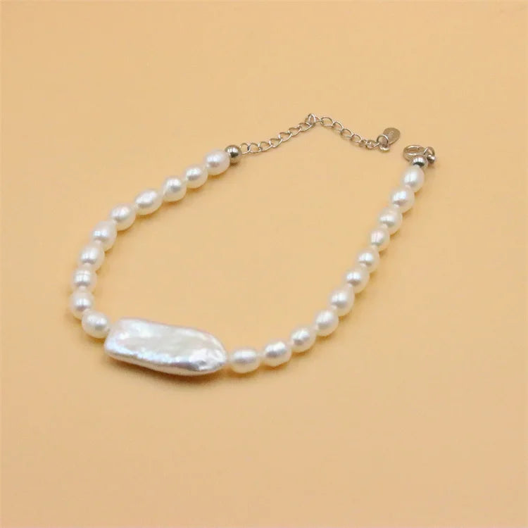 ZFSILVER 925 Silver Pearl Bracelet Baroque Rectangle Gift Jewelry