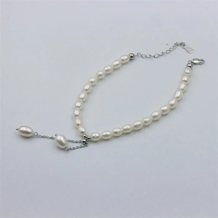 925 Silver Freshwater Pearl Tassel Bracelet Women Gift