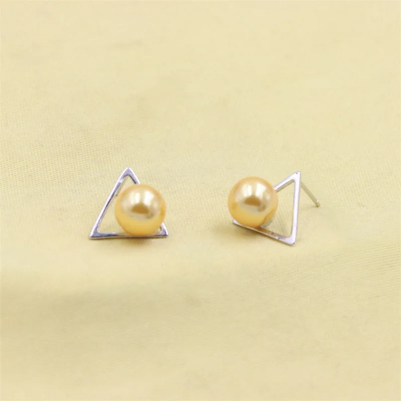 925 Silver Triangle Pearl Stud Earrings for Women