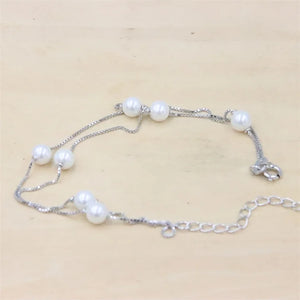 925 Sterling Silver Double Chain Pearl Charm Bracelets for Women