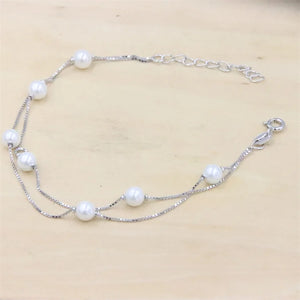 925 Sterling Silver Double Chain Pearl Charm Bracelets for Women