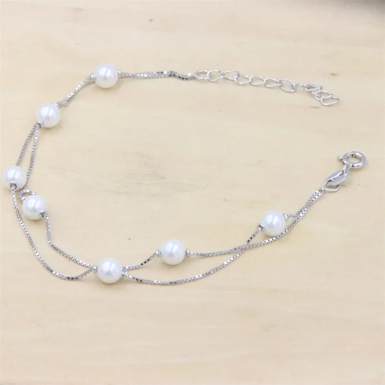 925 Sterling Silver Double Chain Pearl Charm Bracelets for Women