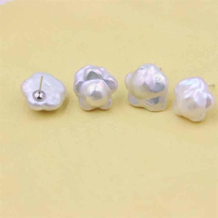 Baroque Freshwater Pearl Plum Blossom Stud Earrings 925 Sterling Silver