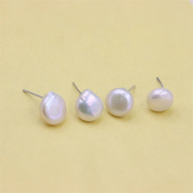 ZFSILVER Round Baroque Pearl Stud Earrings 925 Silver Women's Jewelry