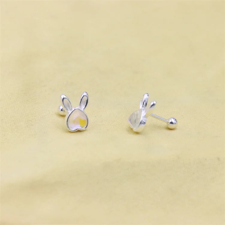 ZFSILVER S999 Silver Moon Stone Love Rabbit Stud Earring