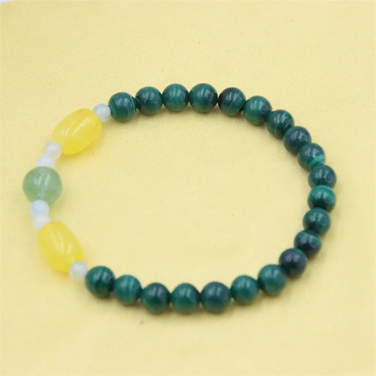 ZFSILVER Natural Stone Malachite Amber Aquamarine Elastic Rope Bracelet