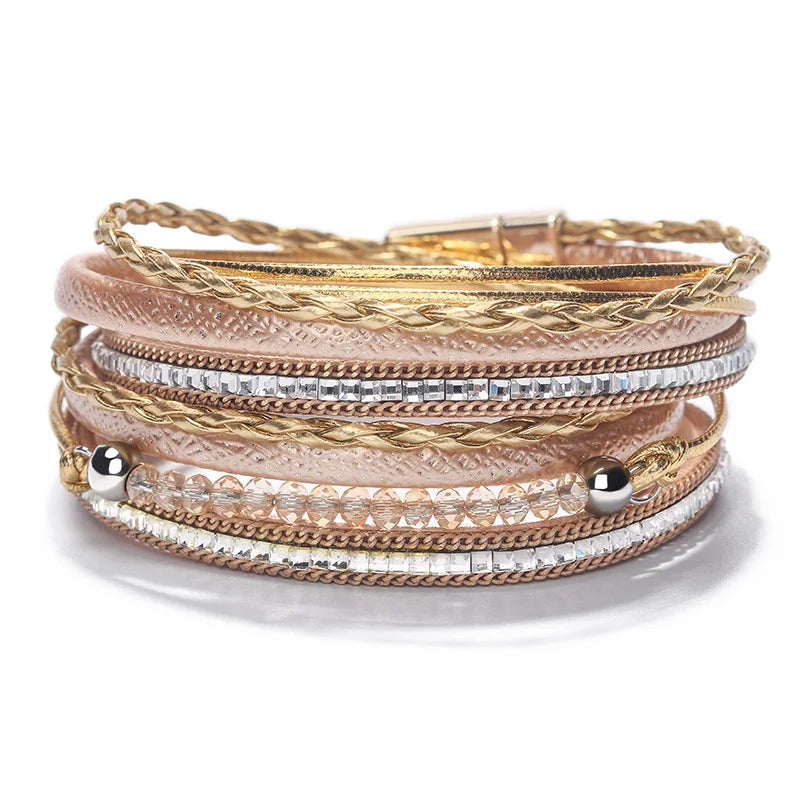 Women's Crystal Beads Leather Bracelet Multilayer Bangle