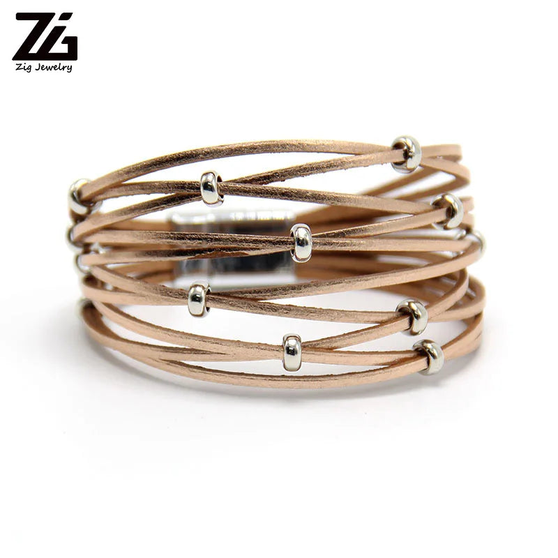 Silver Beads Leather Charm Bracelet Bangle