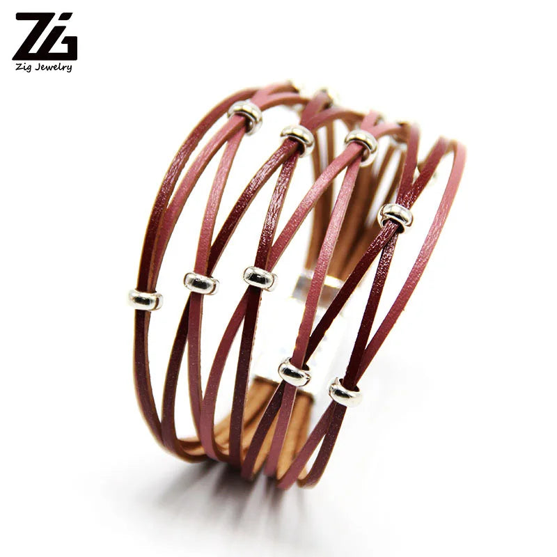 Silver Beads Leather Charm Bracelet Bangle