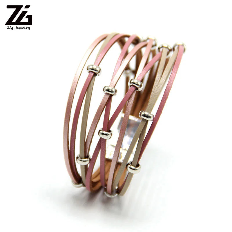Silver Beads Leather Charm Bracelet Bangle