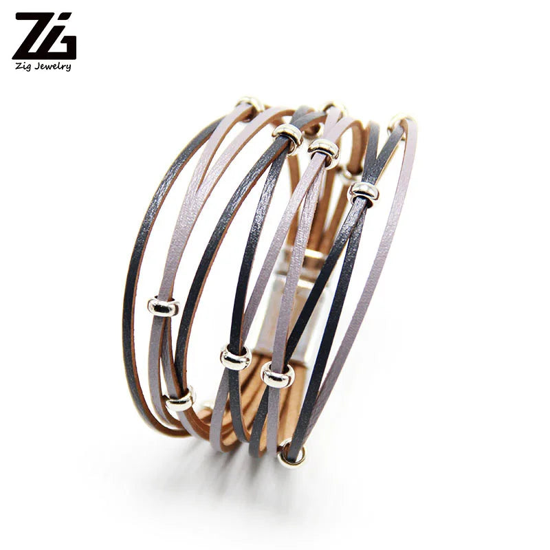 Silver Beads Leather Charm Bracelet Bangle