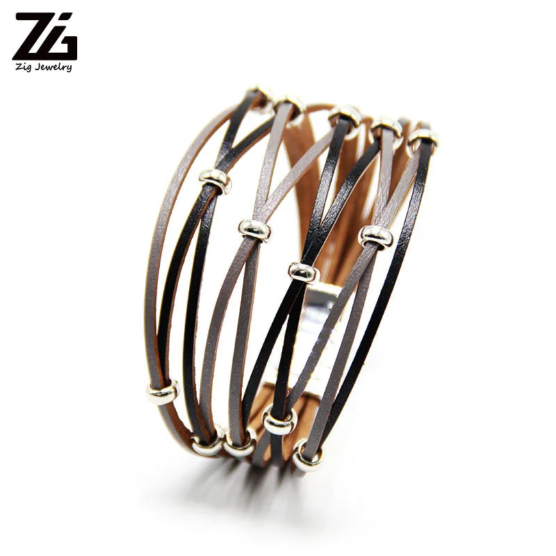 Silver Beads Leather Charm Bracelet Bangle