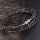 Men's Stainless Steel Charms Leather Bracelet with Magnetic Buckle