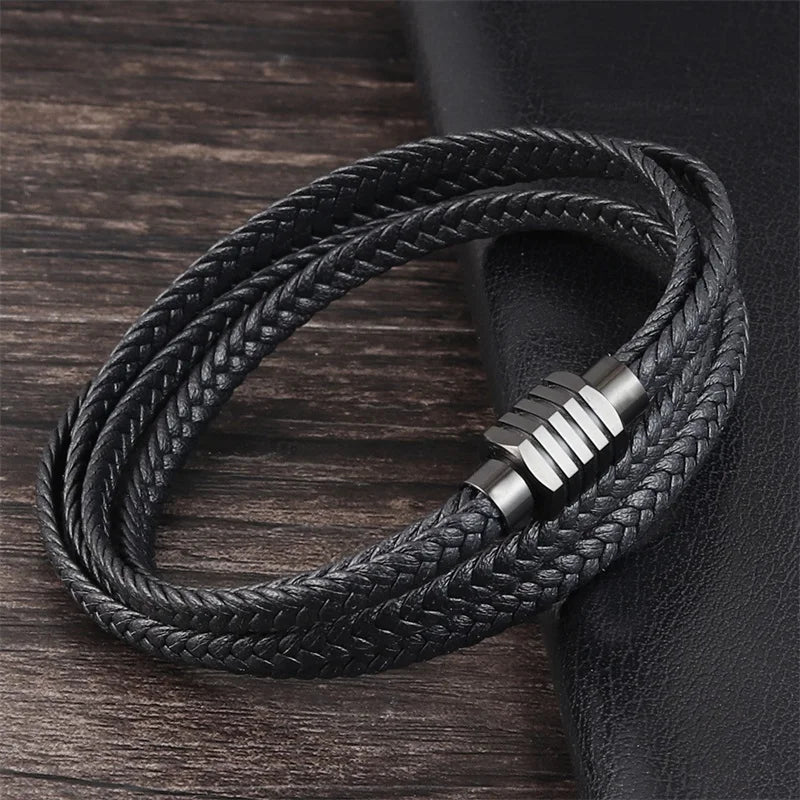 Men's Stainless Steel Charms Leather Bracelet with Magnetic Buckle